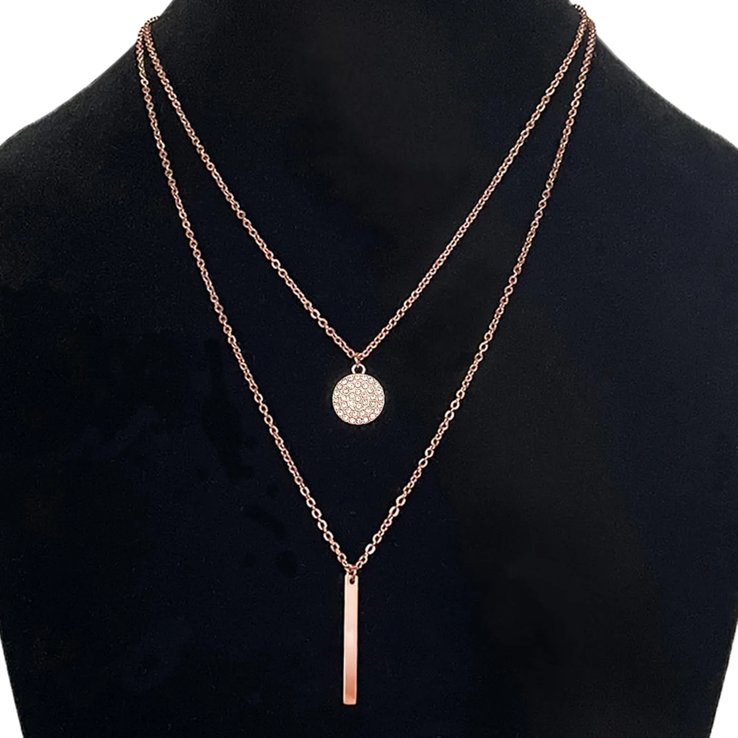 18K Gold Plated Layered Necklace With Cubic Zirconia Pave Pendant And Bar Charm Valentines Day