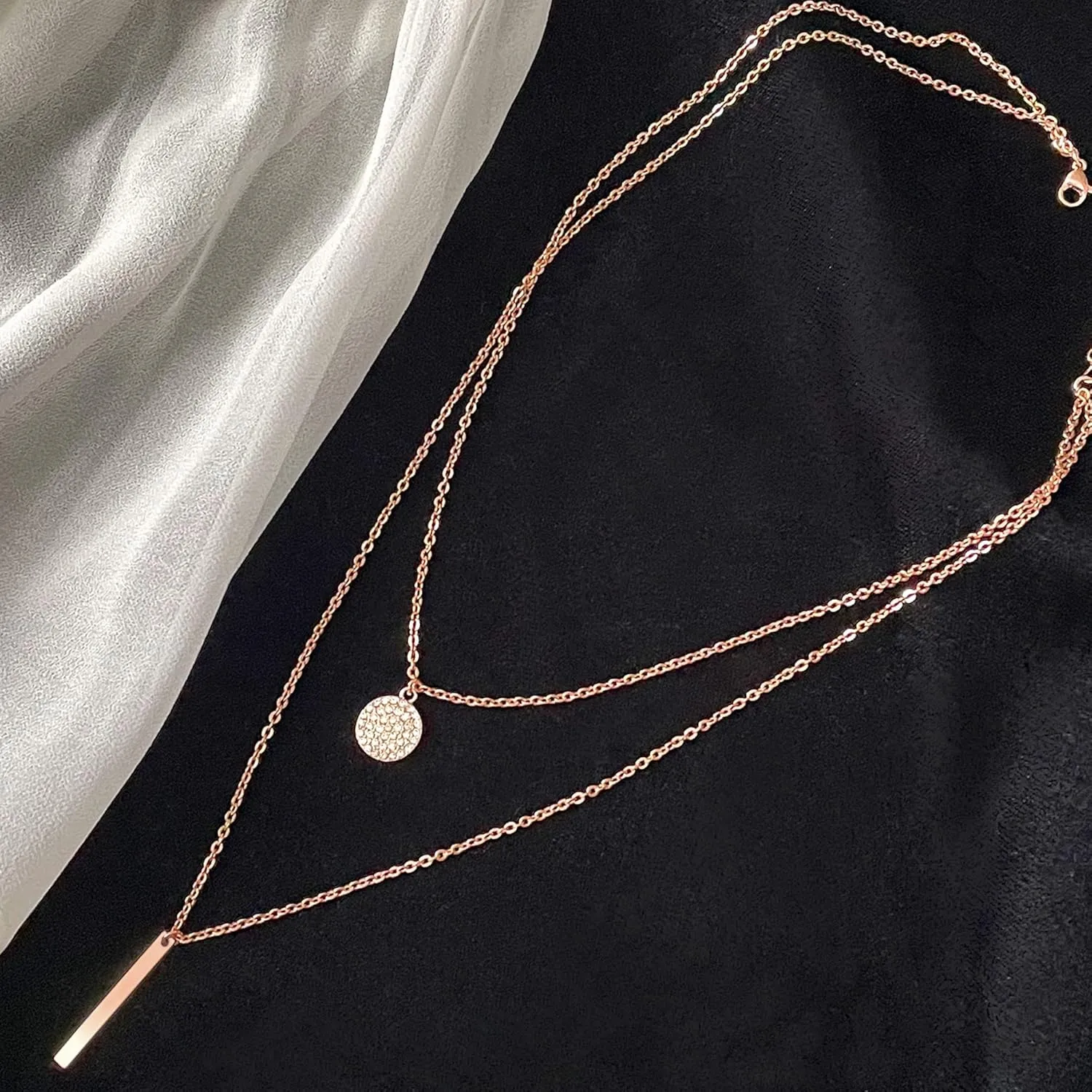 18K Gold Plated Layered Necklace With Cubic Zirconia Pave Pendant And Bar Charm Valentines Day
