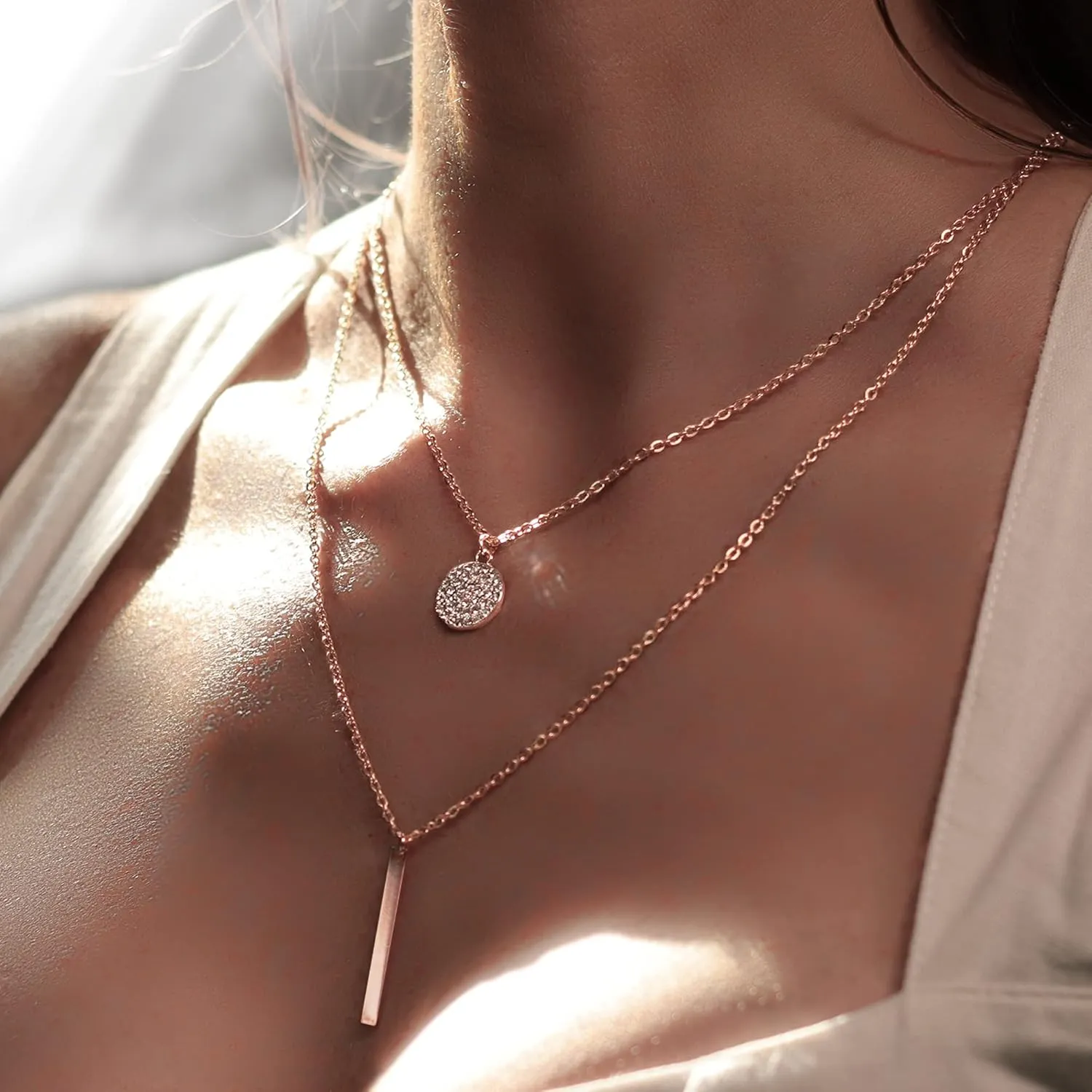 18K Gold Plated Layered Necklace With Cubic Zirconia Pave Pendant And Bar Charm Valentines Day