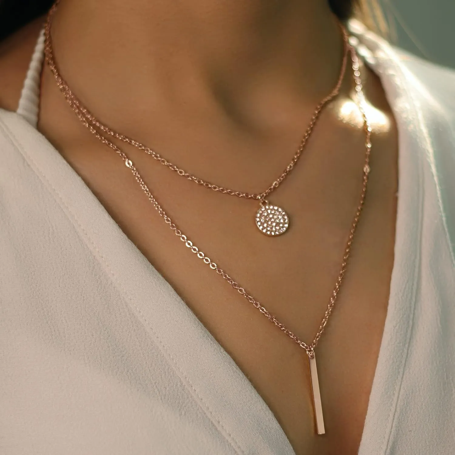 18K Gold Plated Layered Necklace With Cubic Zirconia Pave Pendant And Bar Charm Valentines Day