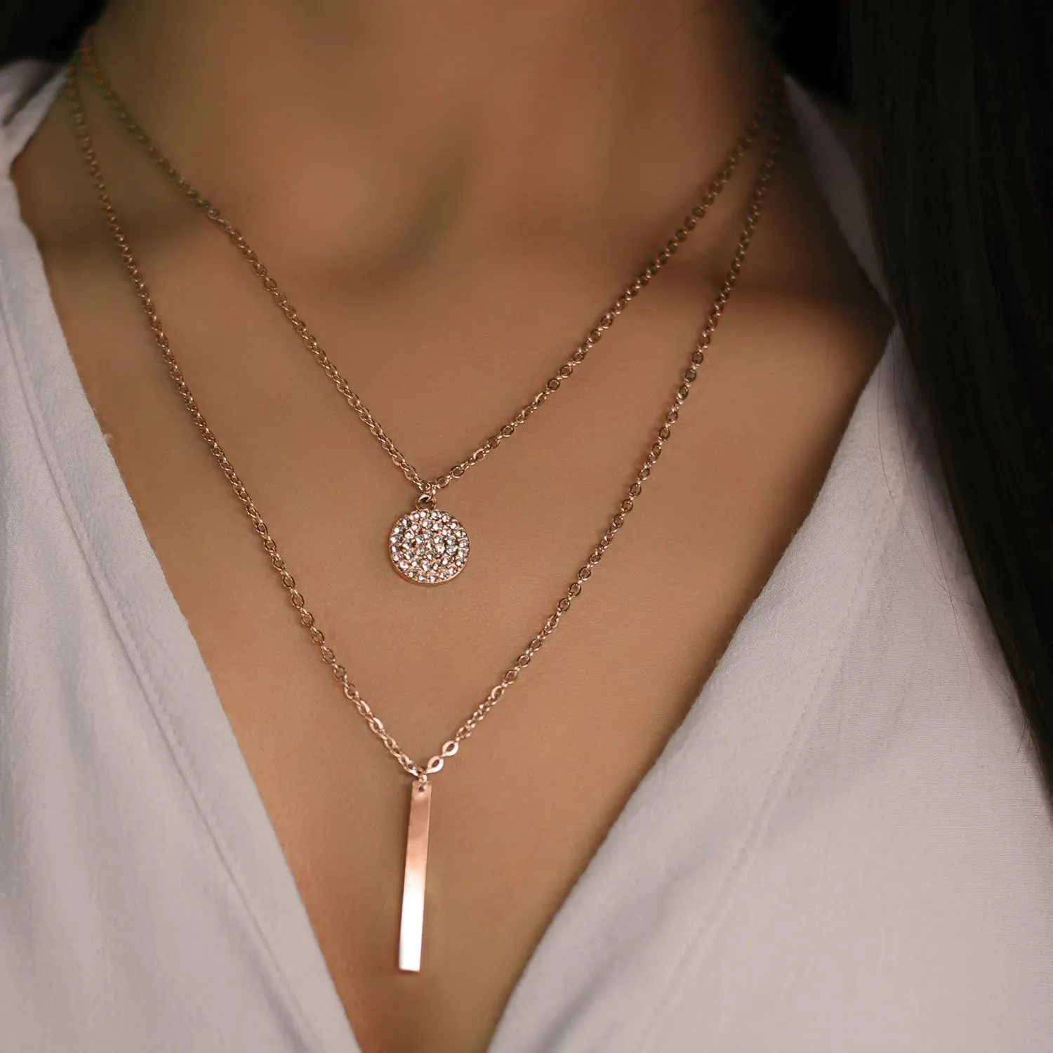 18K Gold Plated Layered Necklace With Cubic Zirconia Pave Pendant And Bar Charm Valentines Day