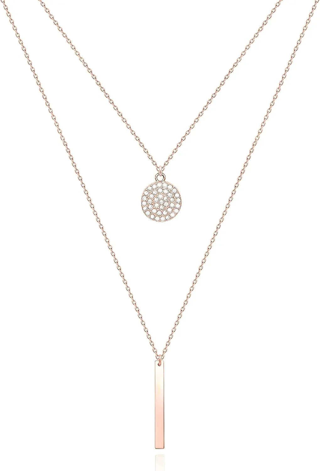 18K Gold Plated Layered Necklace With Cubic Zirconia Pave Pendant And Bar Charm Valentines Day
