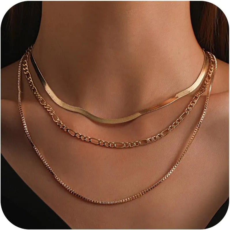 3 Pcs Gold Layered Necklaces for Women Adjustable Stackable Herringbone Paperclip Box Chain Necklaces Dainty Gold Choker Jewelry Gifts for Her