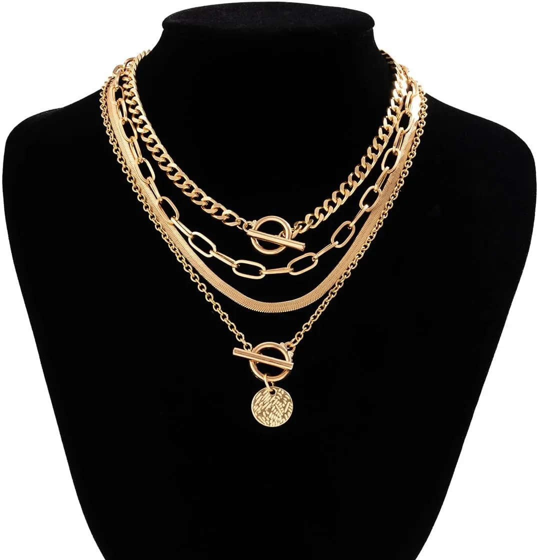 4Pac Black Layered Necklace Chunky Choker Necklace Trendy Star Pendant Multilayer Coin Link Chain Necklaces Punk Hip Hop Cool Heart Necklaces Adjustable Gold Layered Necklace Set for Men and Women