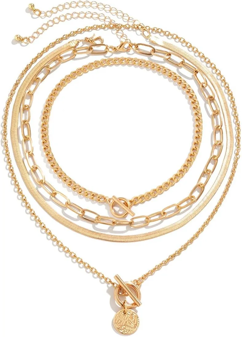 4Pac Black Layered Necklace Chunky Choker Necklace Trendy Star Pendant Multilayer Coin Link Chain Necklaces Punk Hip Hop Cool Heart Necklaces Adjustable Gold Layered Necklace Set for Men and Women