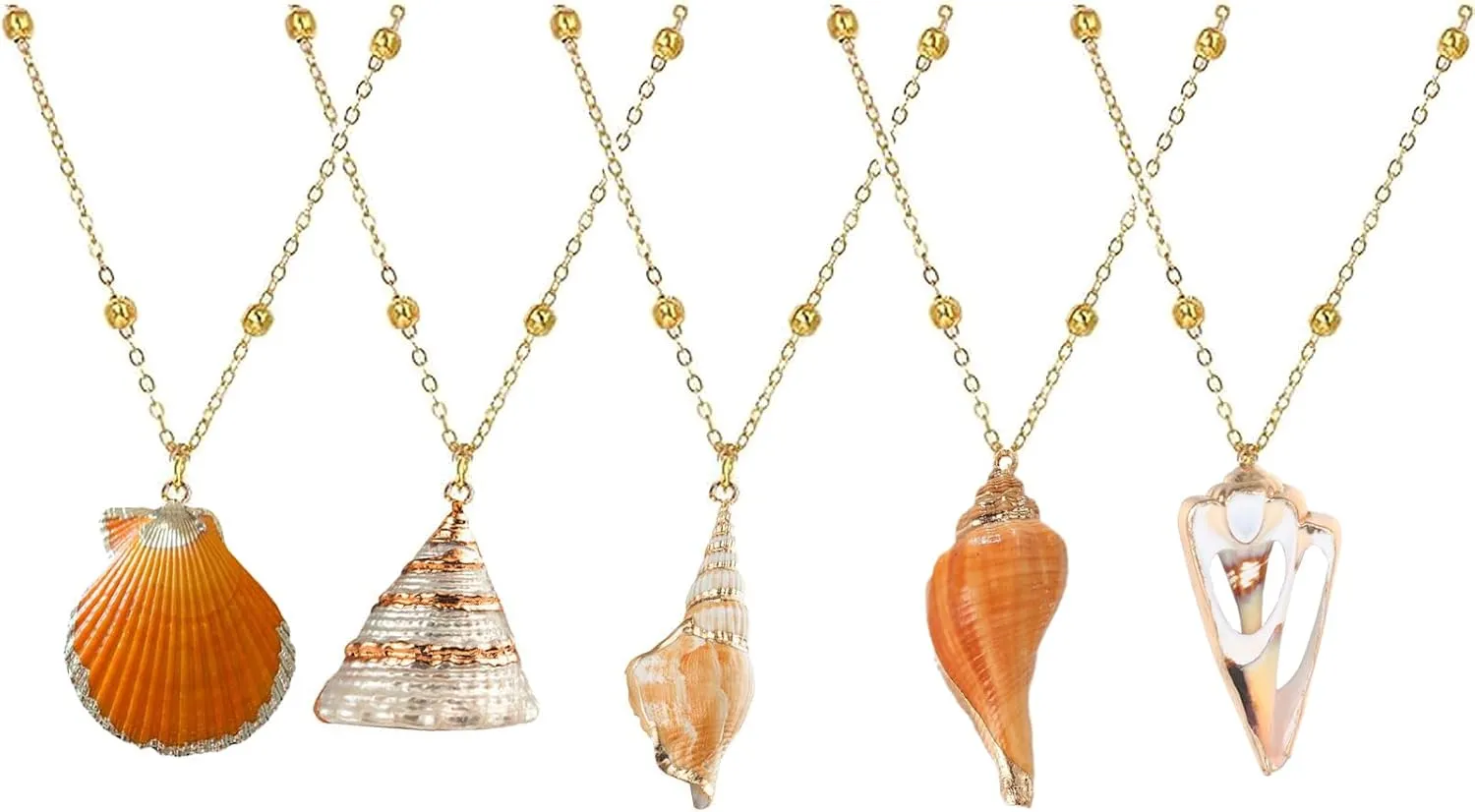 5Pcs Natural Scallop Conch Seashell Necklace Inlaid with Gold Rimmed Sea Shell Necklace Adjustable Seashell Jewelry Gifts for Women