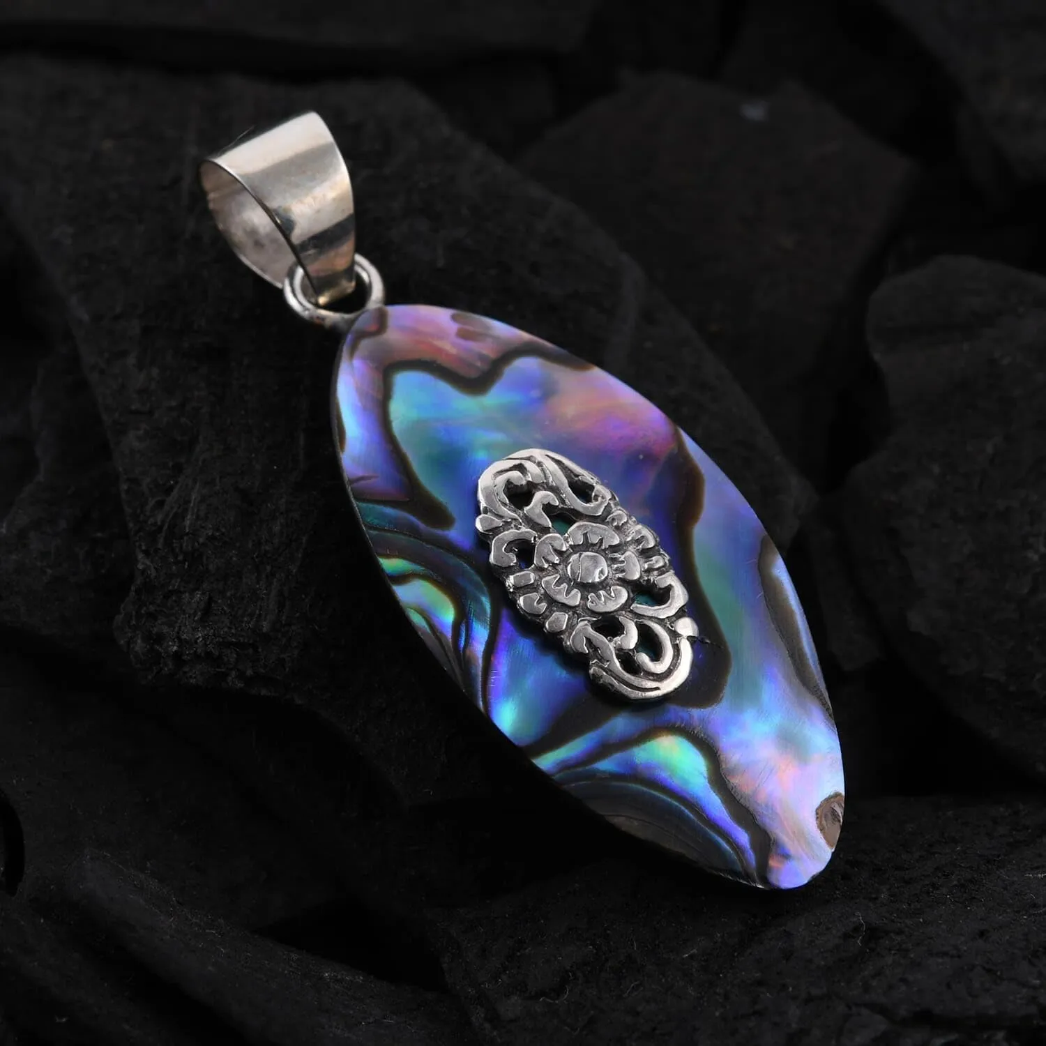Abalone Shell Pendant in 925 Sterling Silver - Natural Abalone Pendants for Necklaces - Boho Beach Charm Costume Western Jewelry for Women - Anniversary Engagement Trendy Birthday Gifts