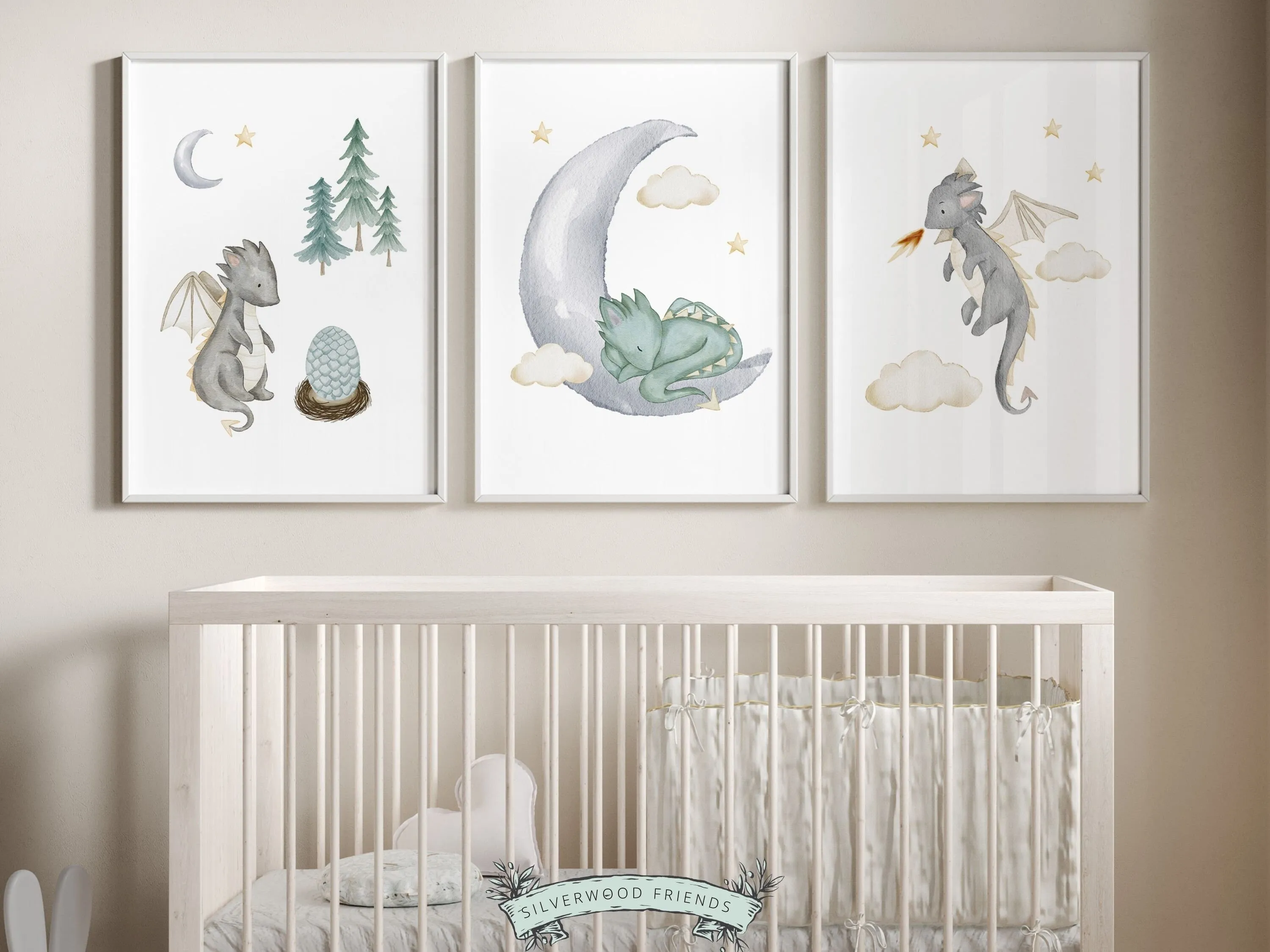 Baby Dragon Moon Nursery Prints - Set 3