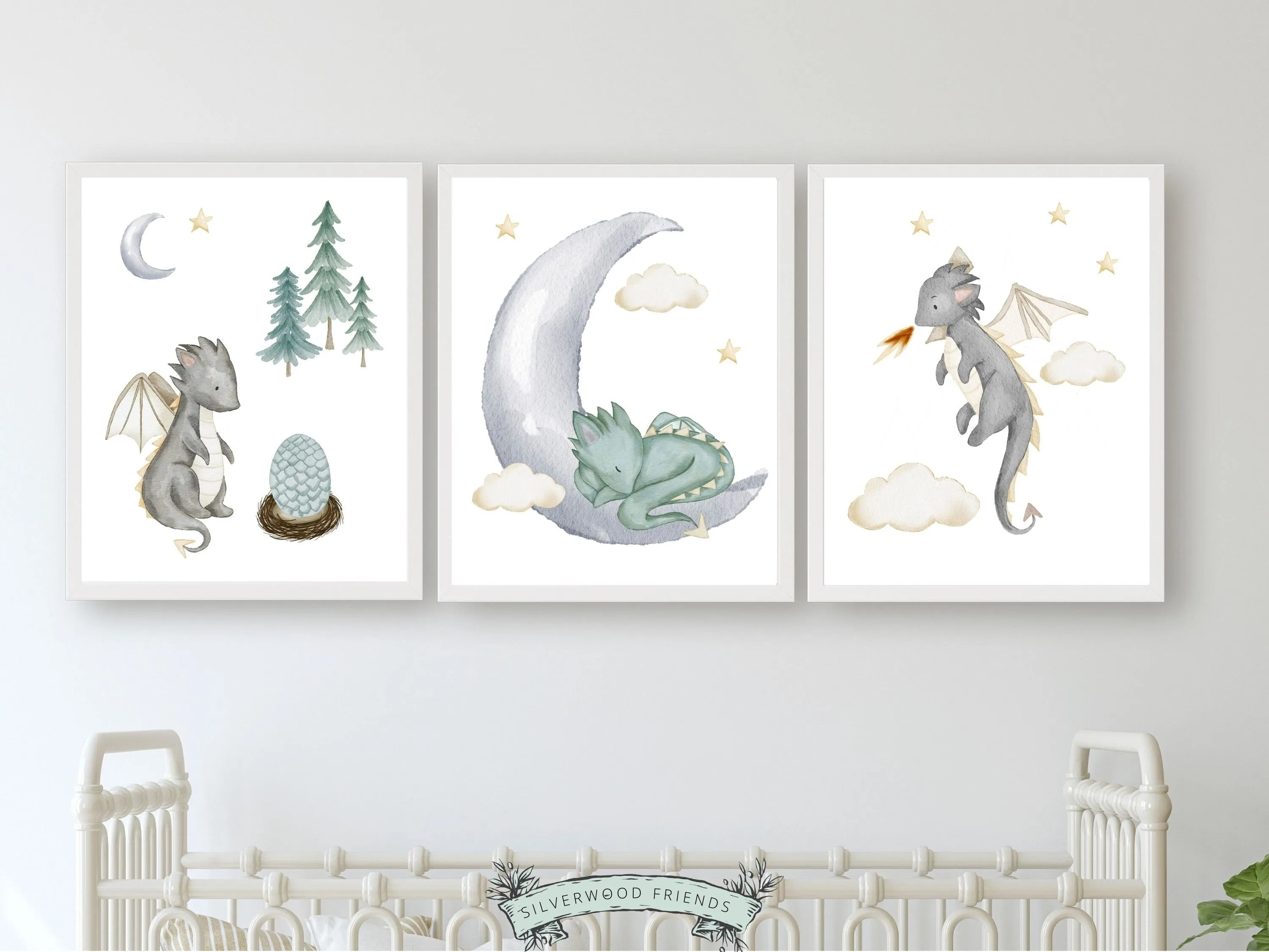 Baby Dragon Moon Nursery Prints - Set 3
