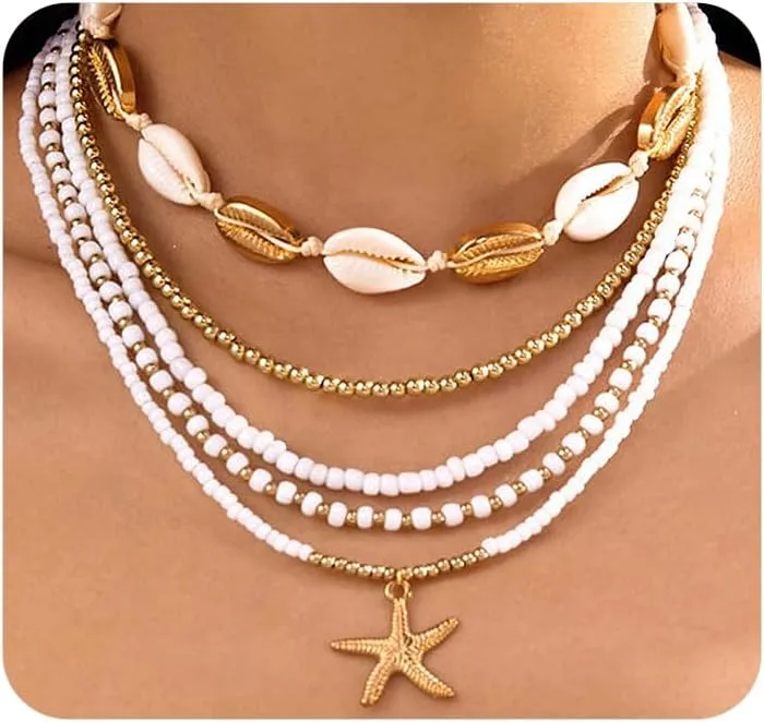 Beach Layered Necklaces for Women,Gold Starfish Shell Pendant Stackable Necklaces Cute White Beaded Collar Necklace,Charm Hawaiian Jewelry Gifts