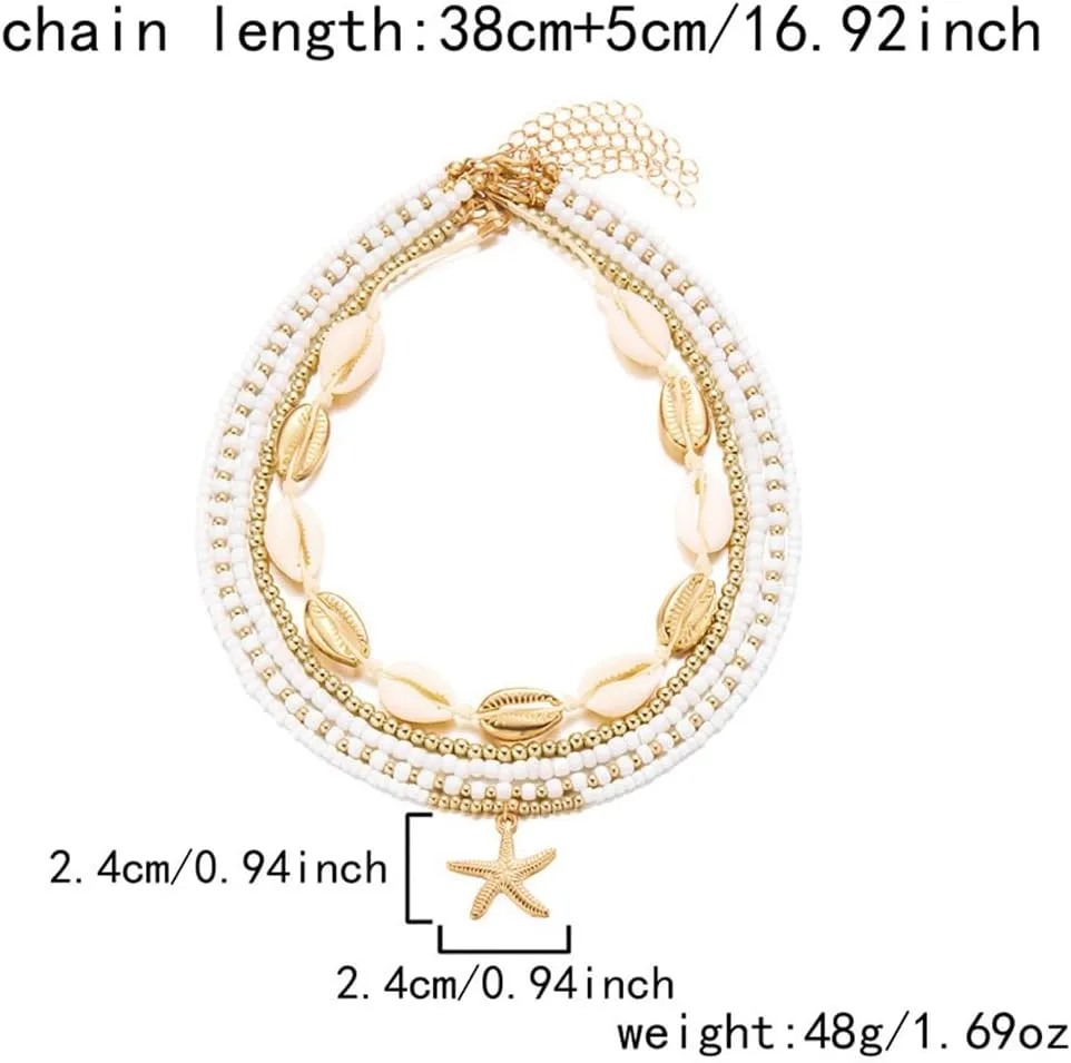 Beach Layered Necklaces for Women,Gold Starfish Shell Pendant Stackable Necklaces Cute White Beaded Collar Necklace,Charm Hawaiian Jewelry Gifts