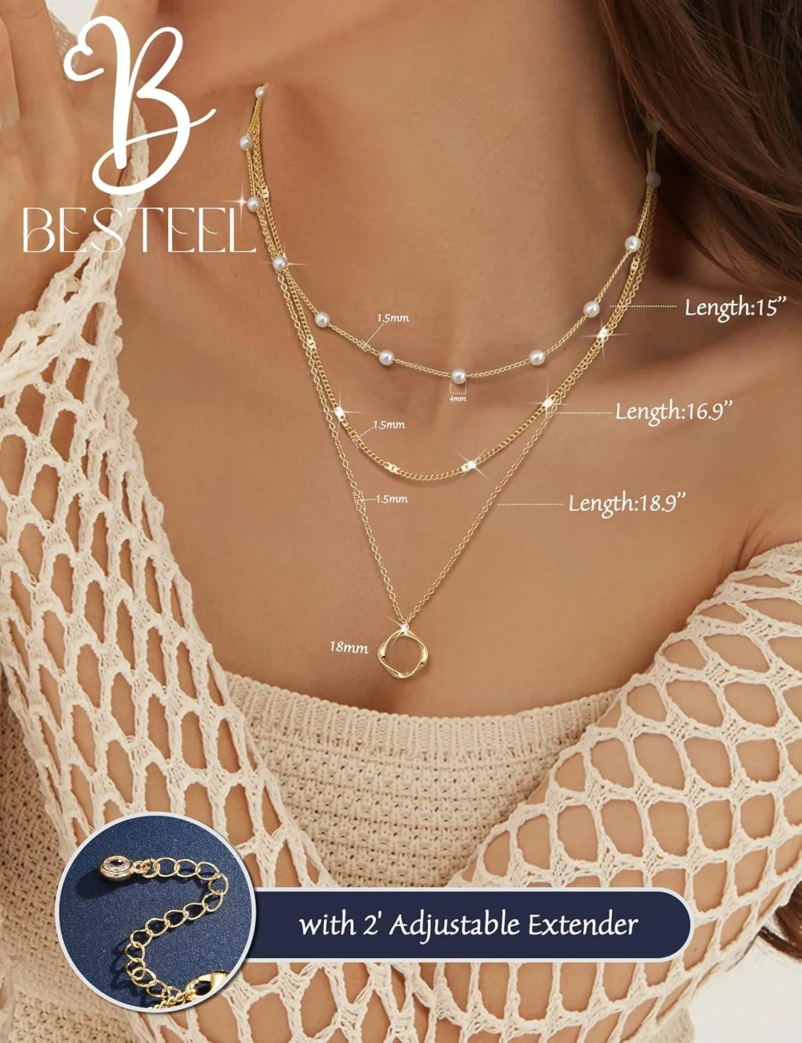 Besteel 3Pcs Dainty Layered Gold Necklaces for Women - Paperclip Pearl Choker Necklace Stack Set Trendy Simple Layering Chain Pendant Jewelry Non Tarnish Waterproof Gifts