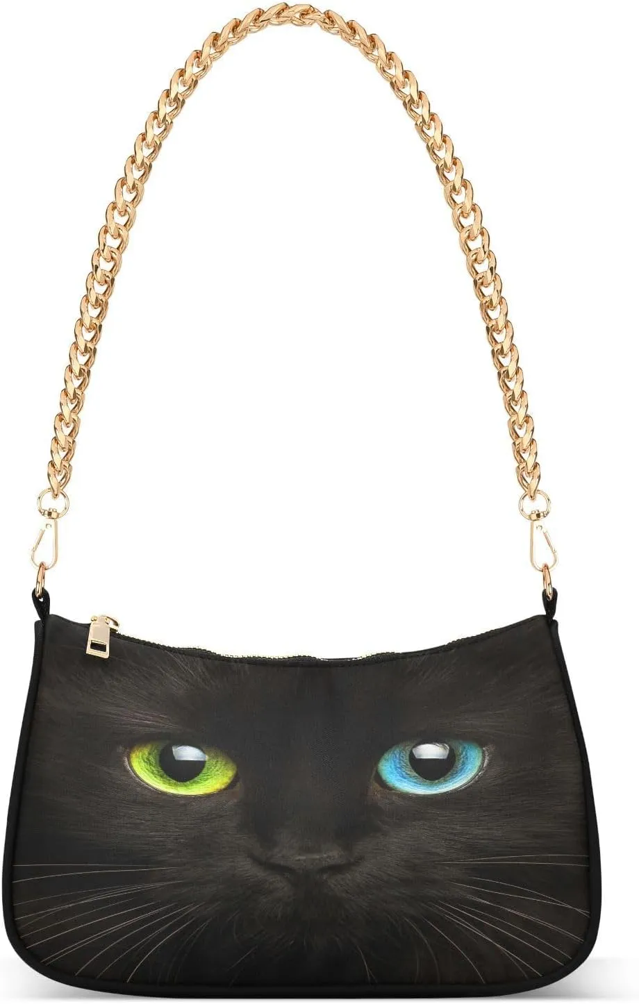 Black Cat Eyes Animal Shoulder Handbags for Women Travel Hobo Tote Handbag Women Gold Chain Shoulder Bags Purse with Zipper Closure