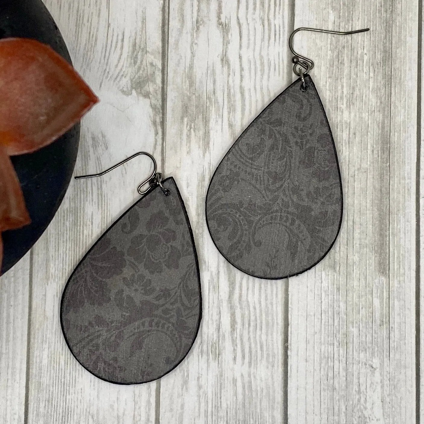 Black Damask Wood Earrings