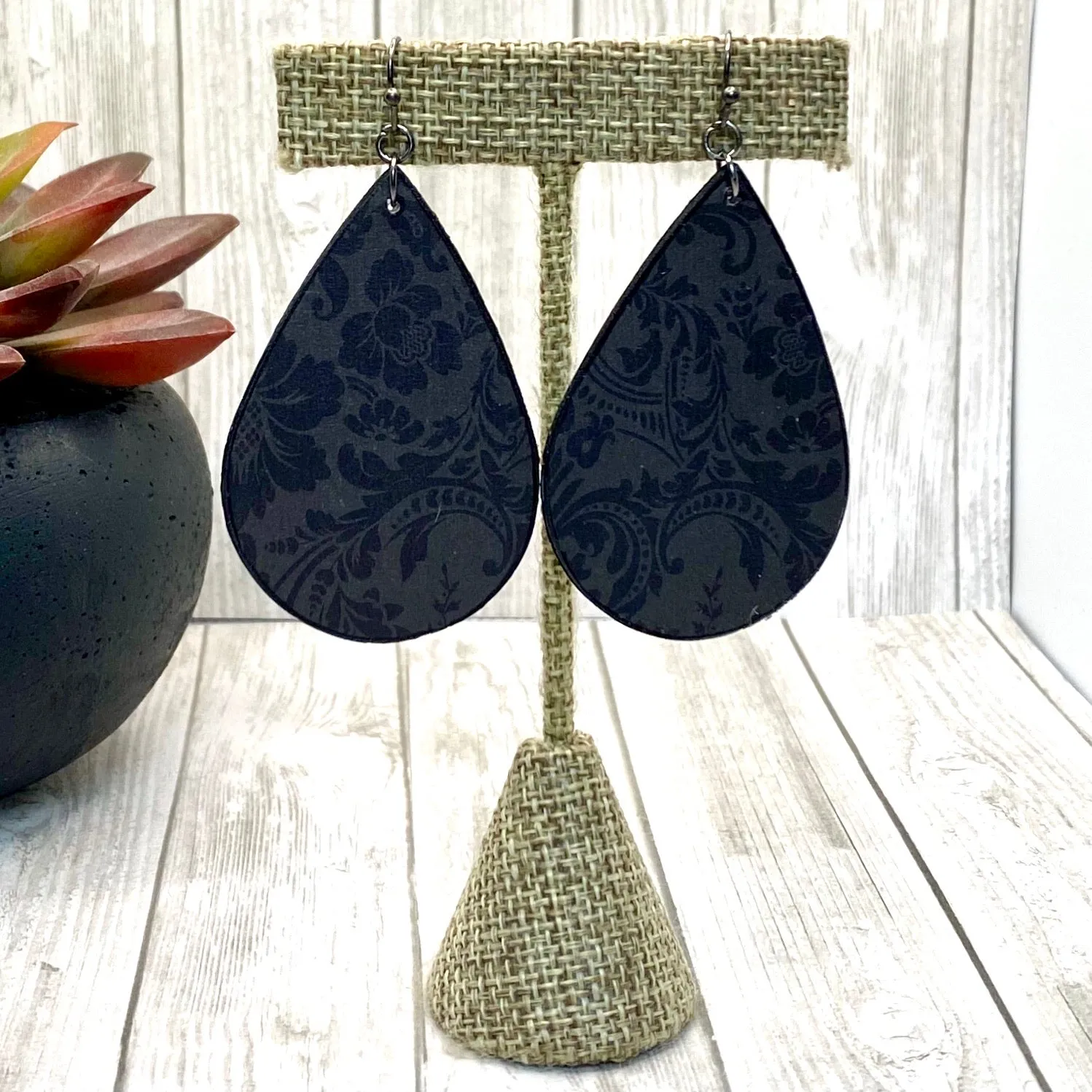 Black Damask Wood Earrings