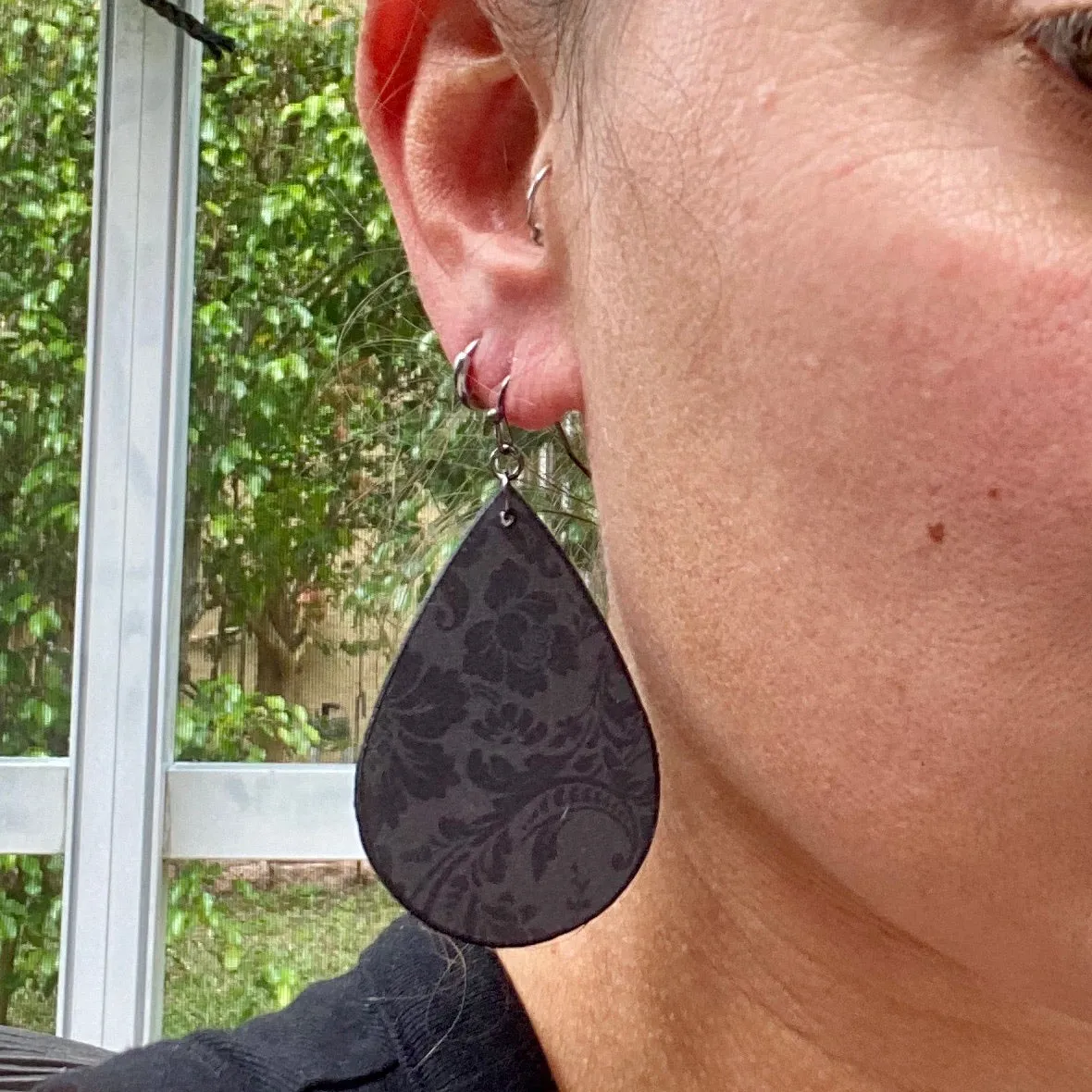 Black Damask Wood Earrings