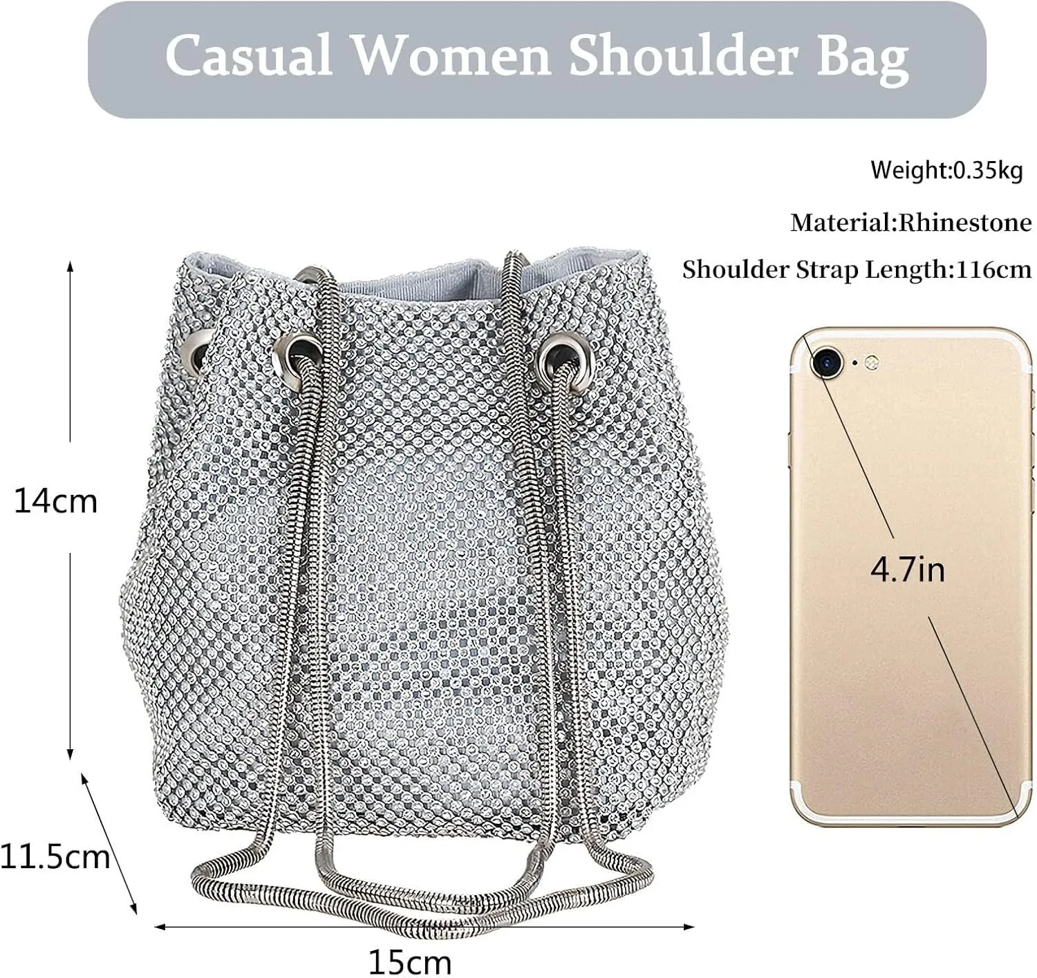 Bling Wedding Shoulder Crossbody Banquet Rhinestone Evening for Women Crystal Bucket Purse Handbag