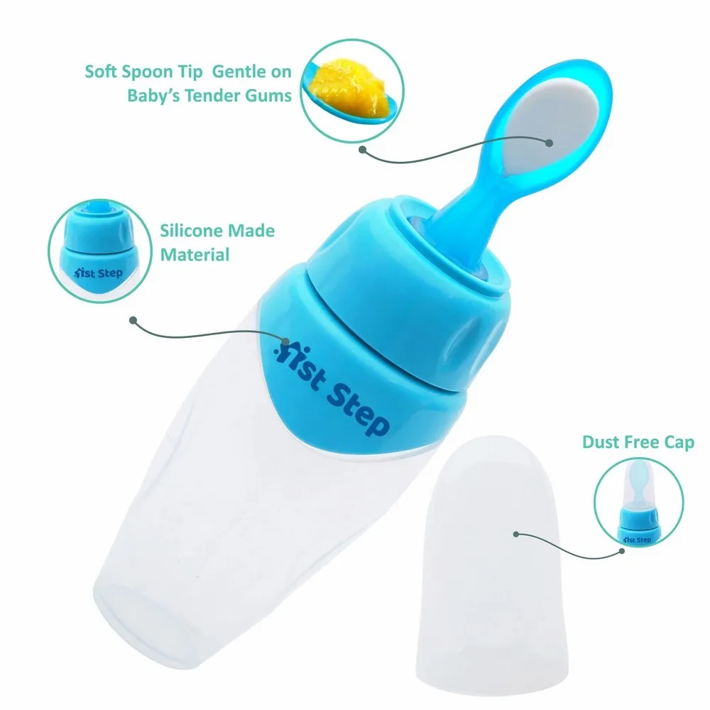 Blue Non Spill Silicone Soft Squeeze Food Feeder