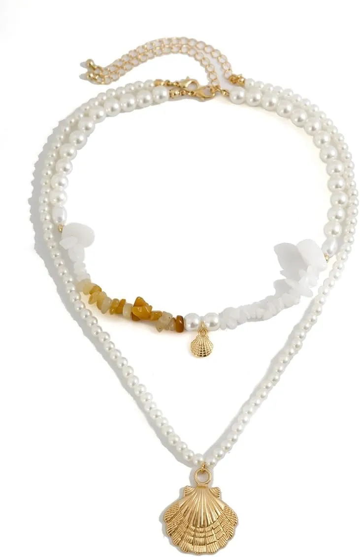 Bohemian Beach Charm Necklace for Women Imitation Pearl Gold Plated Layered Sequins Conch Starfish Shell Choker Stacked Beach Jewelry Holiday Summer Beaded Necklace Set Gifts-H