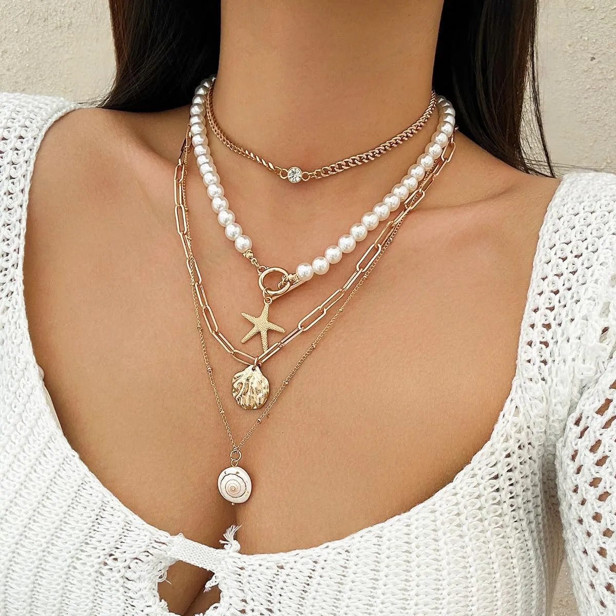 Bohemian Beach Charm Necklace for Women Imitation Pearl Gold Plated Layered Sequins Conch Starfish Shell Choker Stacked Beach Jewelry Holiday Summer Beaded Necklace Set Gifts