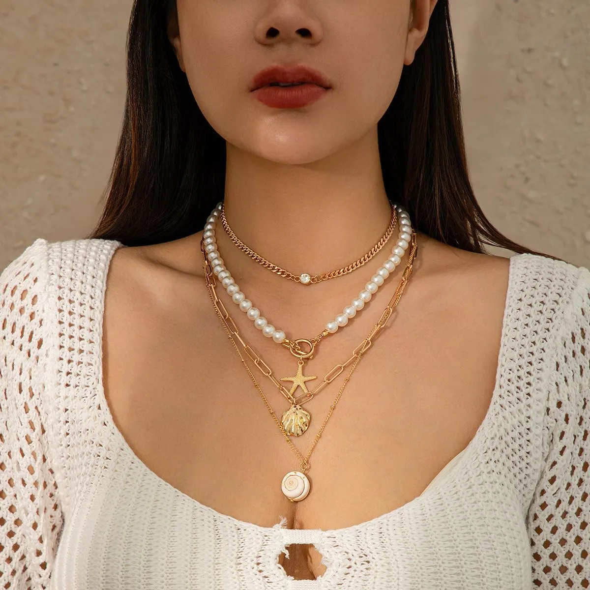 Bohemian Beach Charm Necklace for Women Imitation Pearl Gold Plated Layered Sequins Conch Starfish Shell Choker Stacked Beach Jewelry Holiday Summer Beaded Necklace Set Gifts