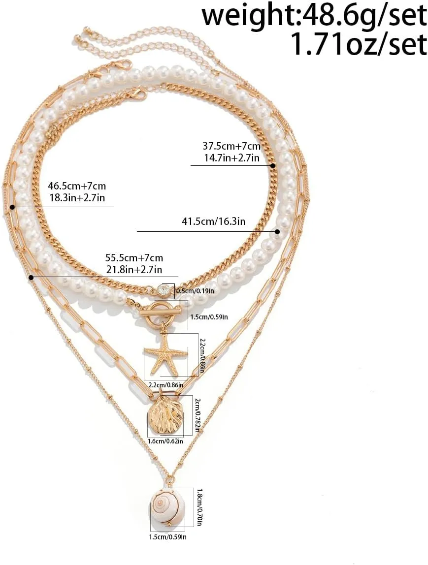 Bohemian Beach Charm Necklace for Women Imitation Pearl Gold Plated Layered Sequins Conch Starfish Shell Choker Stacked Beach Jewelry Holiday Summer Beaded Necklace Set Gifts