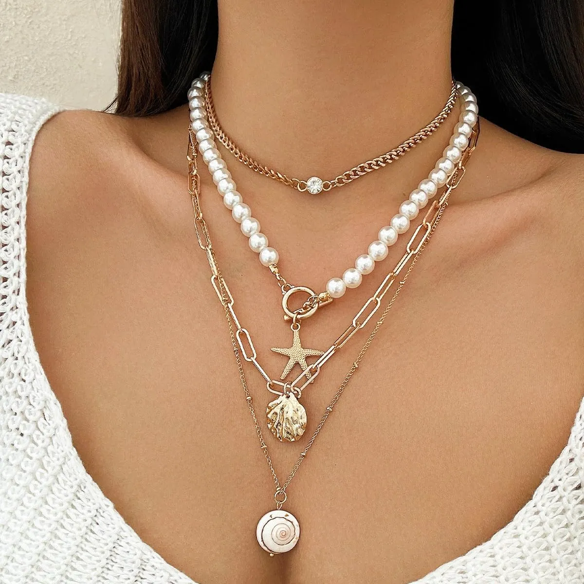 Bohemian Beach Charm Necklace for Women Imitation Pearl Gold Plated Layered Sequins Conch Starfish Shell Choker Stacked Beach Jewelry Holiday Summer Beaded Necklace Set Gifts