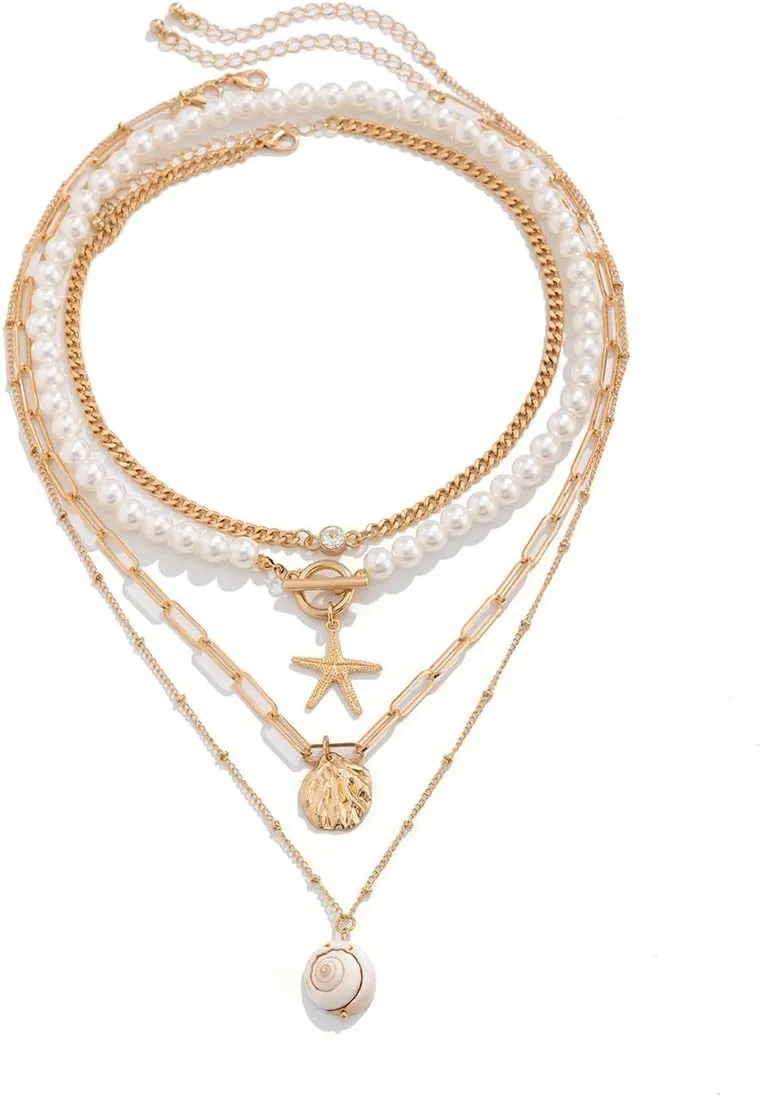 Bohemian Beach Charm Necklace for Women Imitation Pearl Gold Plated Layered Sequins Conch Starfish Shell Choker Stacked Beach Jewelry Holiday Summer Beaded Necklace Set Gifts