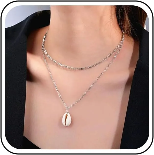 Bohemian Layered Shell Choker Necklace Silver Cowrie Shell Pendant Necklaces Metal Figaro Link Chain Necklace Long Nature Seashell Collar Necklaces Jewelry for Women