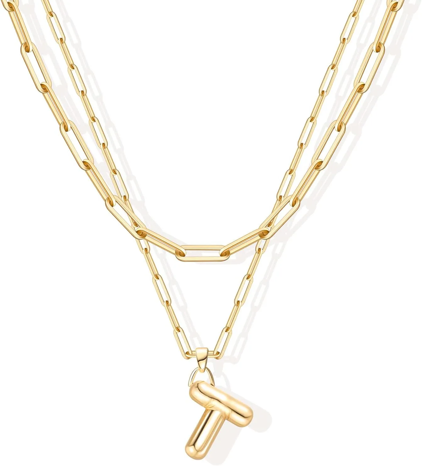Bubble Letter Necklace for Women Balloon Initial Layered Necklaces 14K Gold Plated Chunky Alphabet Pendant Paperclip Link Double Choker