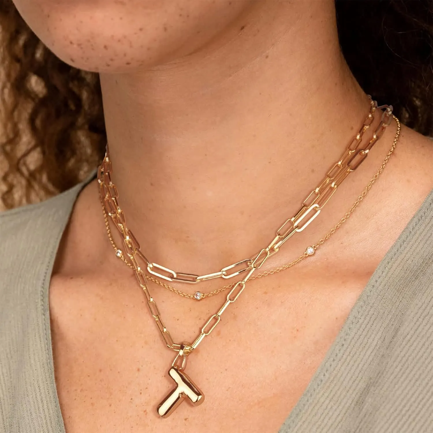 Bubble Letter Necklace for Women Balloon Initial Layered Necklaces 14K Gold Plated Chunky Alphabet Pendant Paperclip Link Double Choker
