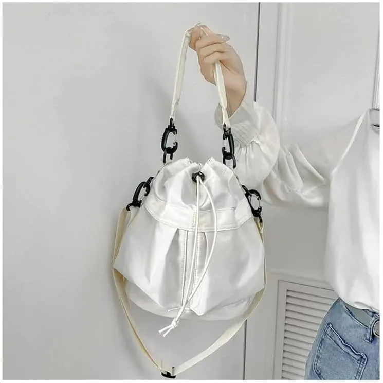 Bucket Shoulder Bags Drawstring Bucket Bag for Women Super Lightweight Nylon Crossbody Bag Tote Handbags for Travel Hiking (White)