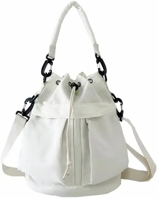 Bucket Shoulder Bags Drawstring Bucket Bag for Women Super Lightweight Nylon Crossbody Bag Tote Handbags for Travel Hiking (White)