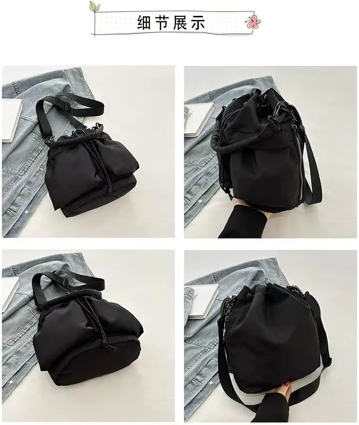 Bucket Shoulder Bags Drawstring Bucket Bag for Women Super Lightweight Nylon Crossbody Bag Tote Handbags for Travel Hiking (White)