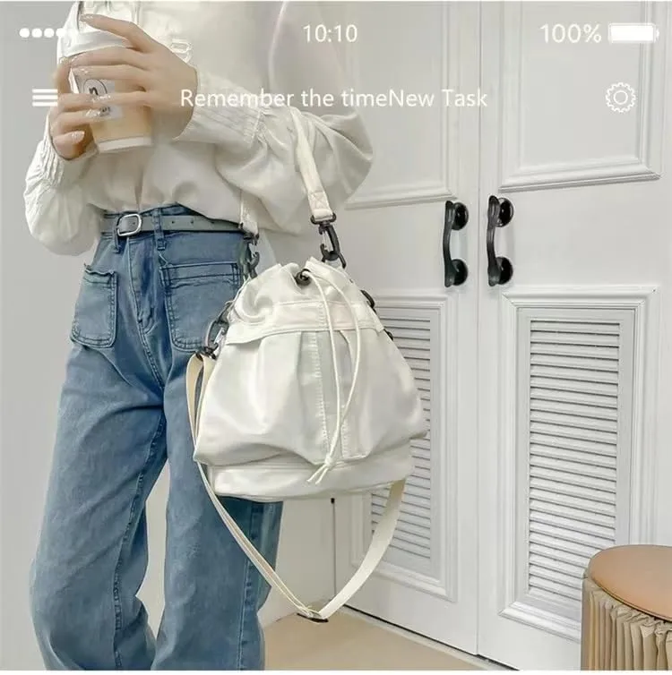 Bucket Shoulder Bags Drawstring Bucket Bag for Women Super Lightweight Nylon Crossbody Bag Tote Handbags for Travel Hiking (White)
