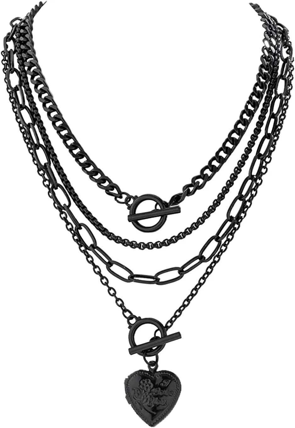 BUYITO Chunky Layered Necklace Stack for Women Trendy Goth Heart Pendant necklaces Set Dainty Coin Toggle Clasp Cuban Chain Punk Necklaces Gothic Y2K Aesthetic Jewelry for Women