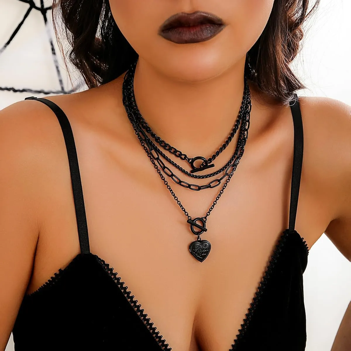 BUYITO Chunky Layered Necklace Stack for Women Trendy Goth Heart Pendant necklaces Set Dainty Coin Toggle Clasp Cuban Chain Punk Necklaces Gothic Y2K Aesthetic Jewelry for Women