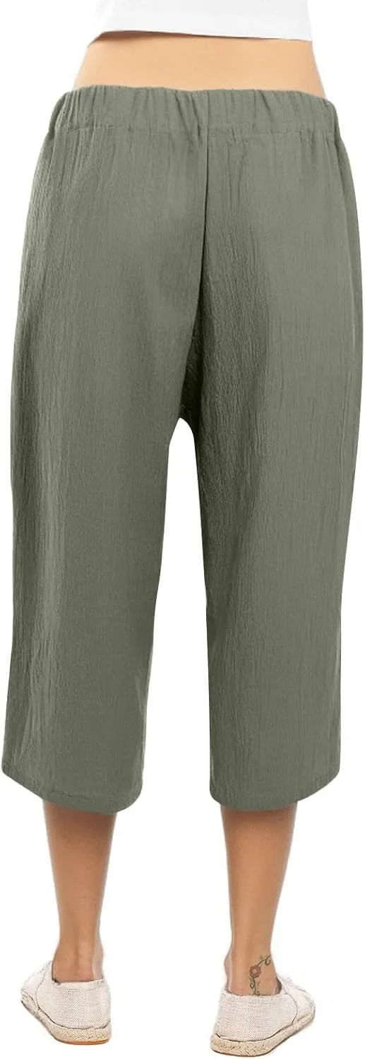 Capri Pants for Women Casual Summer Drawstring Waist Cotton Linen Capris Comfy Wide Leg Cropped Pants with Pockets