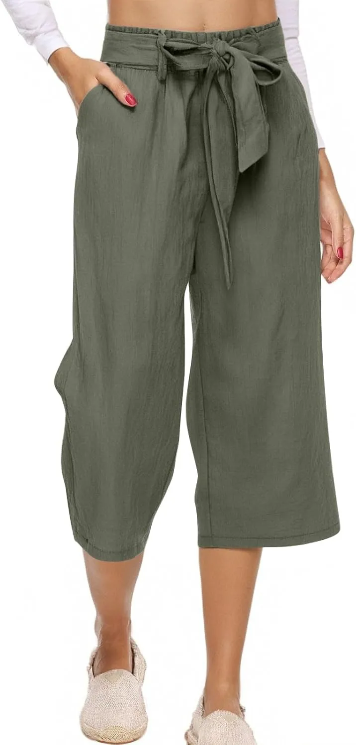 Capri Pants for Women Casual Summer Drawstring Waist Cotton Linen Capris Comfy Wide Leg Cropped Pants with Pockets