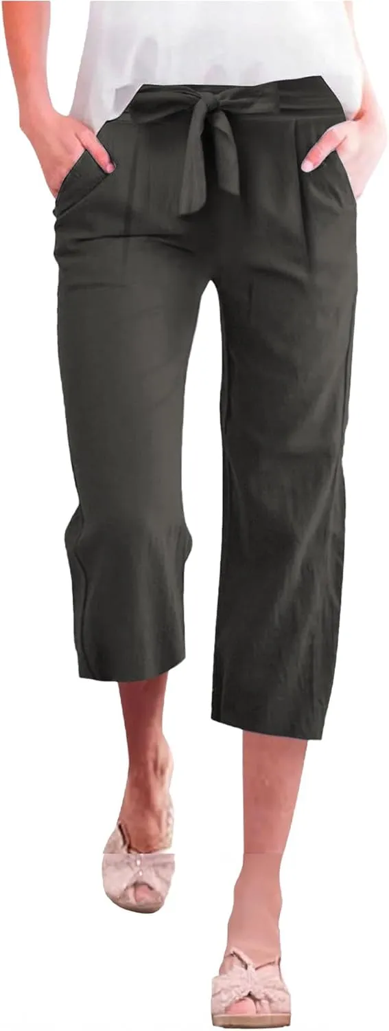 Capri Pants for Women Casual Summer Drawstring Waist Cotton Linen Capris Comfy Wide Leg Cropped Pants with Pockets