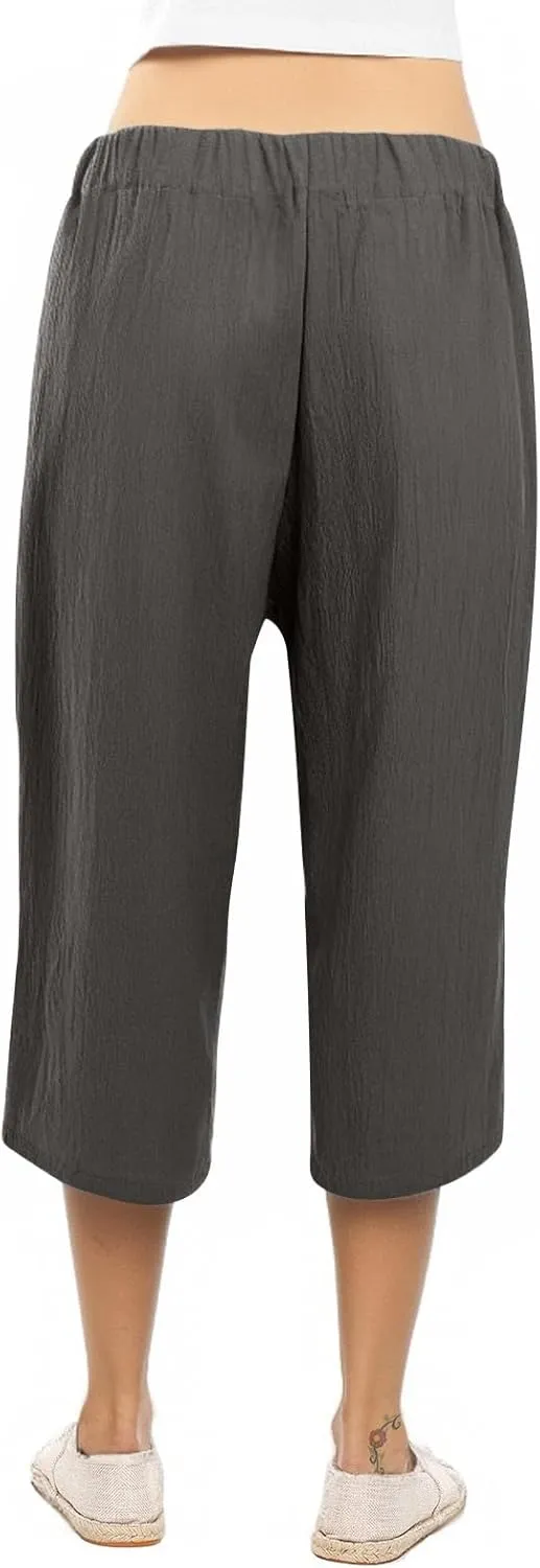 Capri Pants for Women Casual Summer Drawstring Waist Cotton Linen Capris Comfy Wide Leg Cropped Pants with Pockets