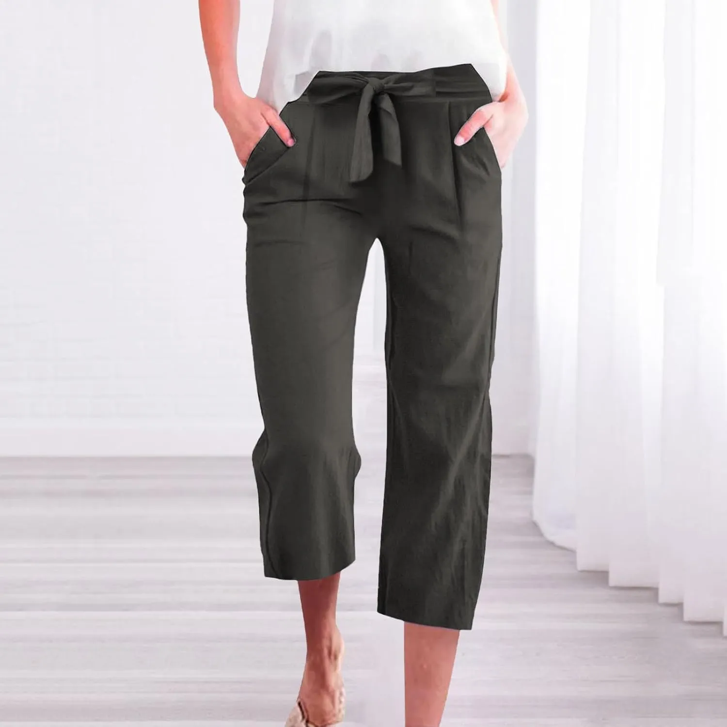 Capri Pants for Women Casual Summer Drawstring Waist Cotton Linen Capris Comfy Wide Leg Cropped Pants with Pockets