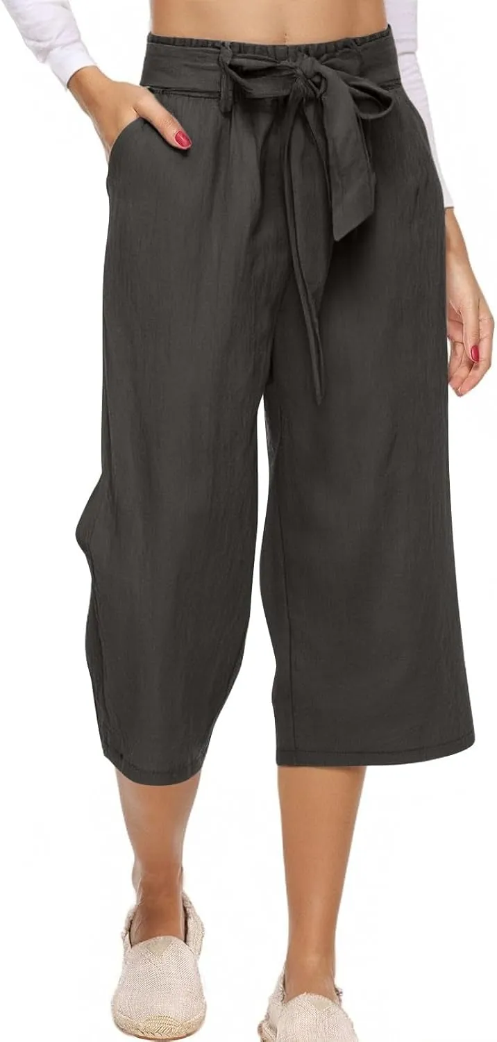 Capri Pants for Women Casual Summer Drawstring Waist Cotton Linen Capris Comfy Wide Leg Cropped Pants with Pockets