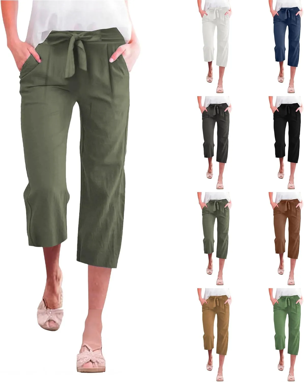 Capri Pants for Women Casual Summer Drawstring Waist Cotton Linen Capris Comfy Wide Leg Cropped Pants with Pockets