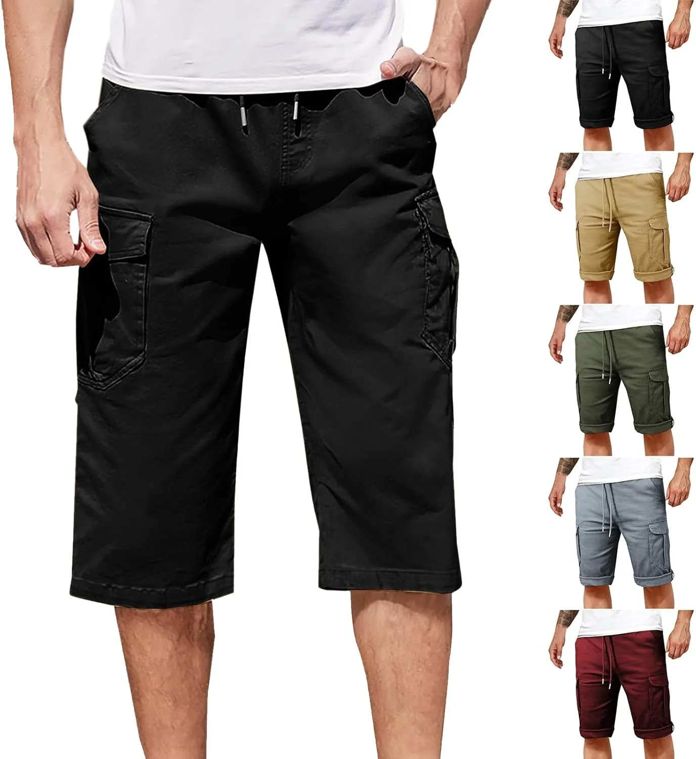 Cargo Pants for Men Joggers Slim Fit Drawstring Pockets Workout Cropped Pants Plain Distressed Fishing Work Pants