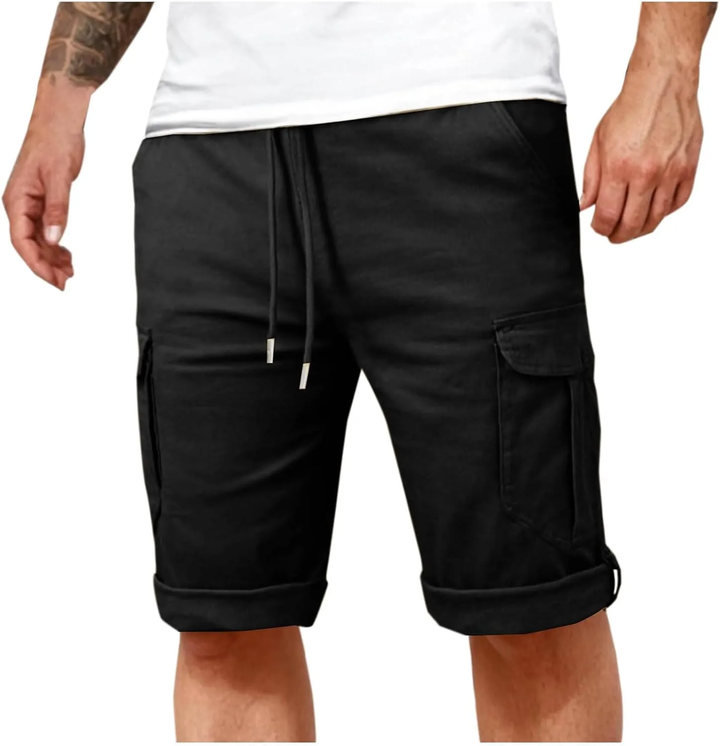 Cargo Pants for Men Joggers Slim Fit Drawstring Pockets Workout Cropped Pants Plain Distressed Fishing Work Pants
