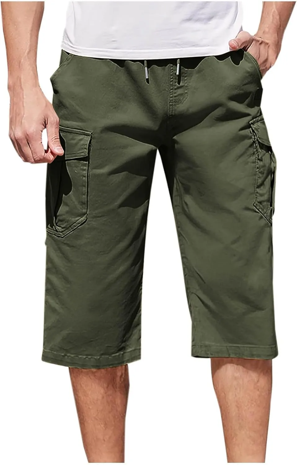 Cargo Pants for Men Joggers Slim Fit Drawstring Pockets Workout Cropped Pants Plain Distressed Fishing Work Pants