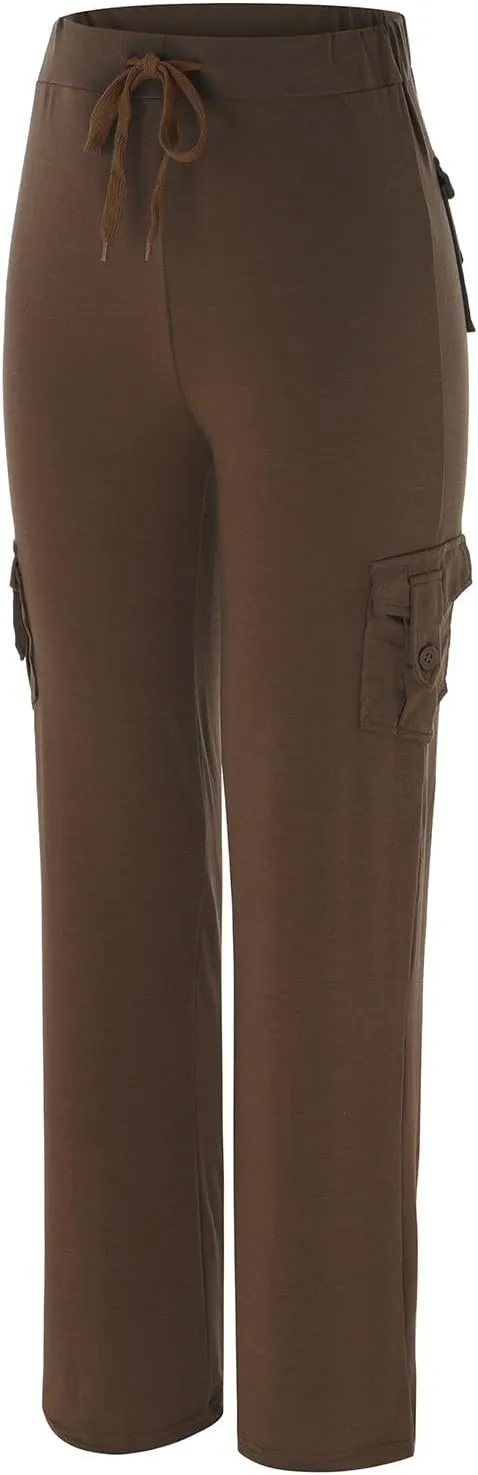 Cargo Pants Women Plus Size Stretchy Flare Yoga Leggings Palazzo Casual Drawstring Wide Leg Pants with Side Pockets