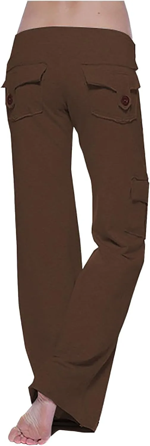 Cargo Pants Women Plus Size Stretchy Flare Yoga Leggings Palazzo Casual Drawstring Wide Leg Pants with Side Pockets
