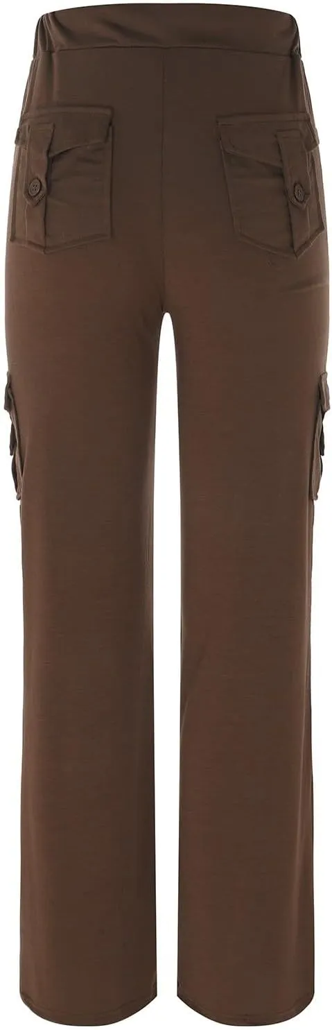 Cargo Pants Women Plus Size Stretchy Flare Yoga Leggings Palazzo Casual Drawstring Wide Leg Pants with Side Pockets